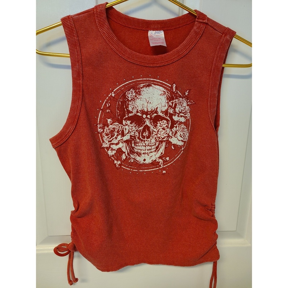 No Boundaries Red‎ Ribbed Tank Top Skull Roses Floral Print Side Tie Sz Lg 11-13